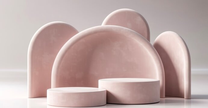 Minimalist pink fluffy velvet podiums with soft arches in clean studio setting