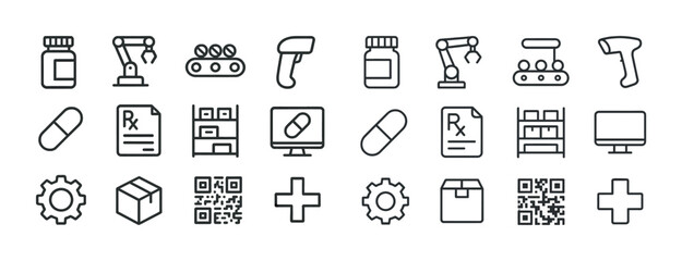 Pharmacy and automation icon set featuring medical and industrial symbols