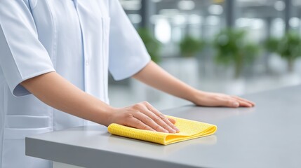 Clean hands wiping a surface with a cloth in a bright, modern environment.