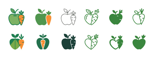 Obraz premium Green apple and carrot icon set with various styles and colors