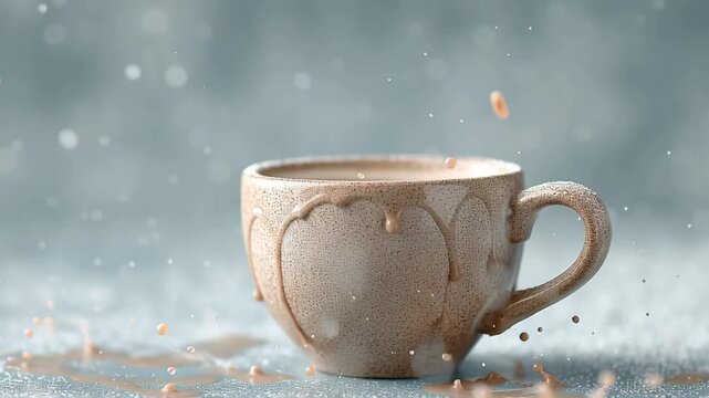 Dynamic Splash of Chocolate Drink Pouring into Ceramic Cup with Droplets