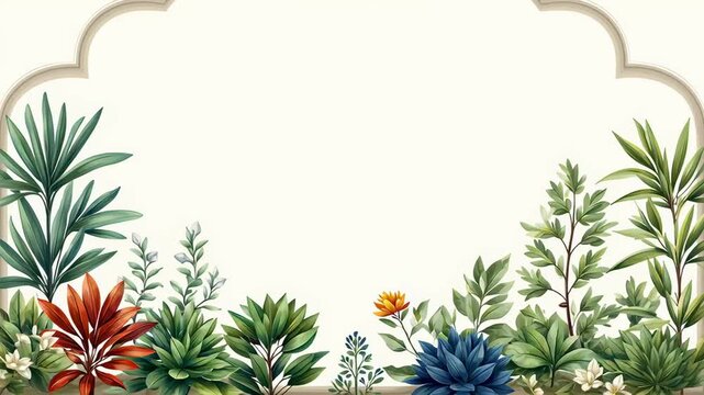 Decorative Garden-Themed Frame with Colorful Plants and Ornamental Arch