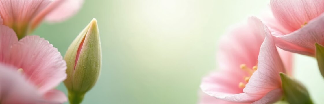 Pink eustoma bud. Light pastel flora background. Soft blossom flower petals close up. Floral greeting card banner template. Gentle bloom natural design for Valentines day concept.