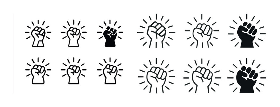 Raised fist icons in various styles and skin tones for solidarity and empowerment