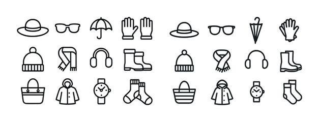 Winter accessories icons: hats, gloves, scarves, and more in simple line art