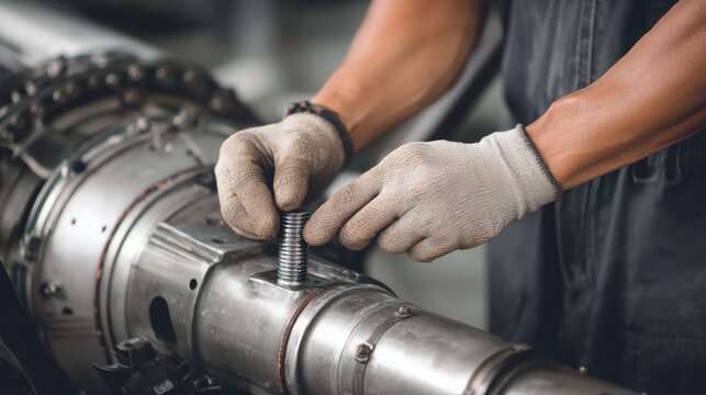 A mechanic working on an aircraft engine, focusing on a metallic component with gloved hands.