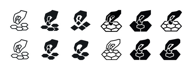 Vector icon set of hand arranging geometric shapes in various patterns