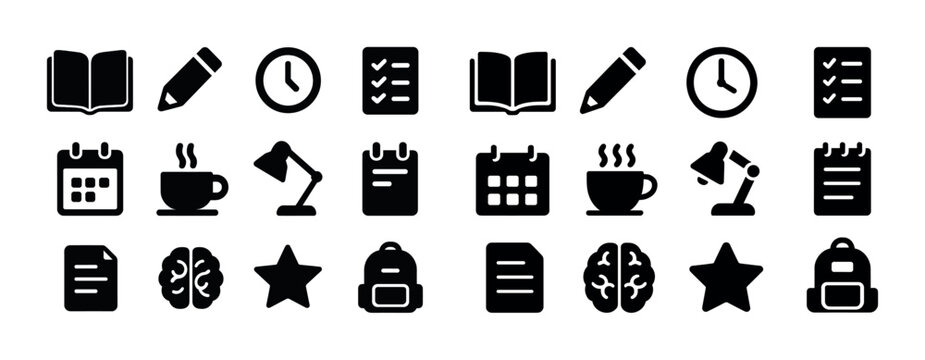 Assorted education and office icon set with books, clocks, and tools