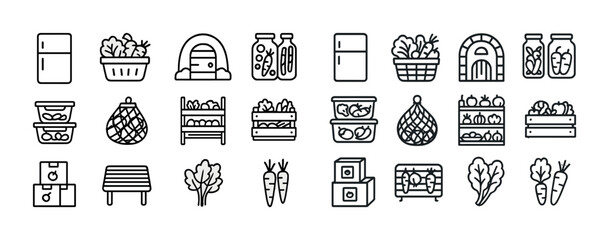 Outline icons of food storage techniques for preserving fresh produce