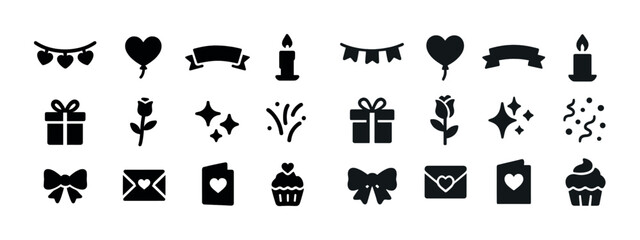Collection of love and celebration icons: hearts, gifts, roses, candles, cupcakes