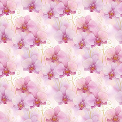 Watercolor pink orchid floral seamless pattern with gold swirl elements
