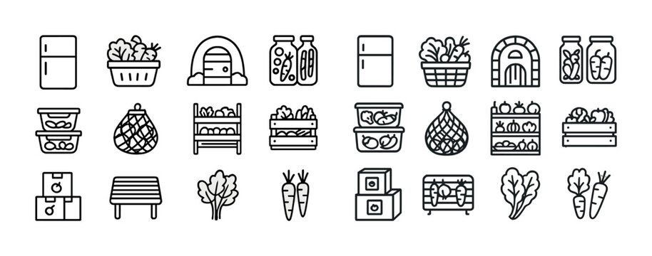Outline icons of food storage techniques for preserving fresh produce