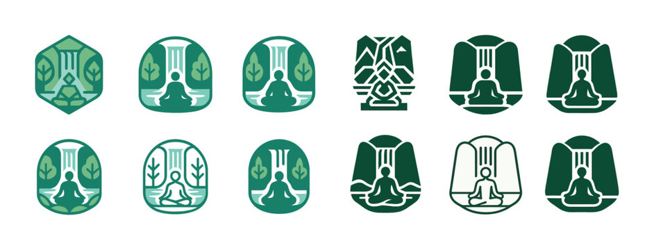 Meditative nature icons collection: waterfalls and yoga poses