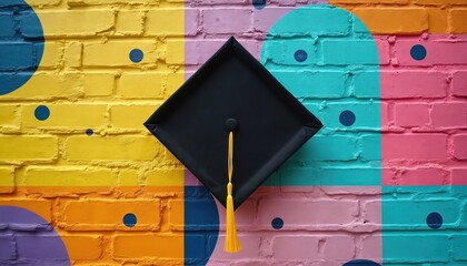 Black graduation cap with yellow tassel rests on colorful graffiti brick wall. Symbolizes academic success, artistic expression, and urban youth achievement in education.