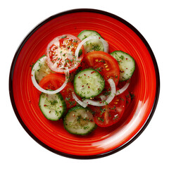 Tomato, onion and cucumber salad on a black and red plate clipart