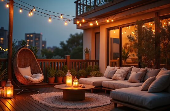 Cozy rooftop terrace with lounge furniture for evening relaxation. String lights, lanterns illuminate wooden deck at night. Comfy sofa, hanging chair create perfect spot for summer party with city