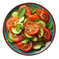 Salad with tomatoes and cucumber on a plate top view clipart