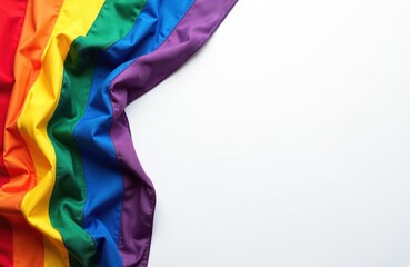 Obraz premium Vibrant rainbow pride flag with soft wavy fabric texture on clean white background. Love, equality, human rights, LGBTQ diversity. Colorful banner represents freedom, support, acceptance for queer