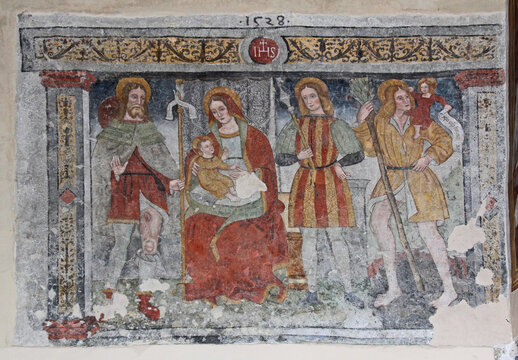 Madonna in trono con i Santi Rocco, Defendente e Cristoforo; affresco nella chiesetta dei Santi Rocco e Defendente a Clusone (Val Seriana, Bergamo)