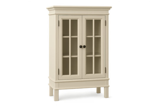 Elegant cream display cabinet with glass doors isolated on transparent background