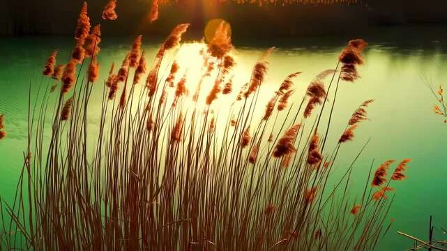 Tall golden grasses sway gently under the warm sunlight, creating a tranquil scene by the water's edge. The shimmering surface reflects the beauty of nature in an enchanting displa