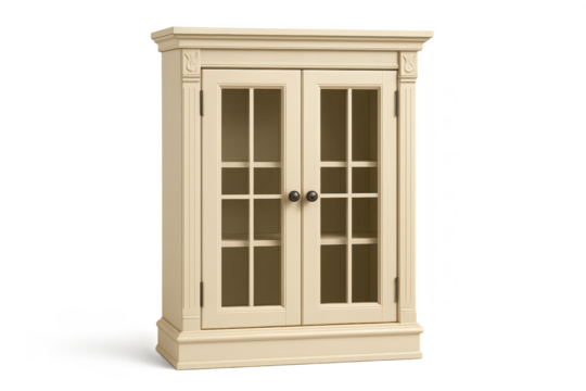 Cream colored wooden display cabinet with glass doors, isolated on transparent background.