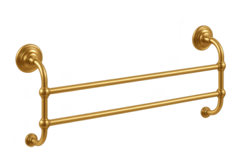 Golden ornate double towel bar isolated on transparent background for home decor