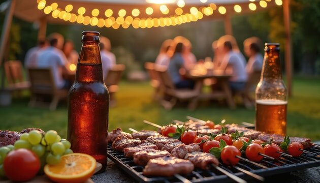 Grilled meat and vegetables on barbecue with drinks and fruits on table. People enjoy dinner in backyard with string lights at sunset. Friends gather around table having meal together in garden.