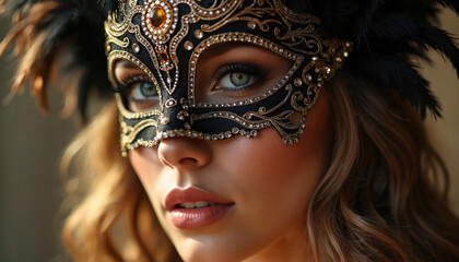 Beautiful woman wears elegant black venetian mask with gold feathers. Mysterious lady with glamour makeup, blue eyes attends masquerade ball. Model hides face at carnival party. Secret identity fun