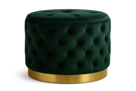 Sophisticated dark green velvet tufted ottoman, gold base, transparent background.