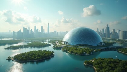 Aerial cityscape with modern dome structure surrounded by water bodies, islands. Green spaces blend with urban area featuring skyscrapers. Futuristic design meets nature in innovative metropolis.
