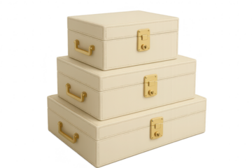 Stacked cream leather storage boxes, gold, isolated on transparent background.