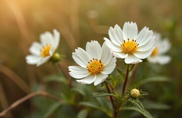 White flowers with yellow centers grow in field. Flowers green leaves, stems. Similar to daisies, in full bloom. Background blurry with shades of green, brown. Sunlight shines on flowers from left