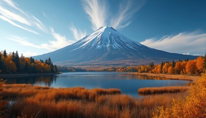 Majestic snow mountain peak with blue sky landscape. Autumn trees forest reflects in clear water. Nature background with mountain lake scenery and clouds. Travel destination with beautiful landscape.