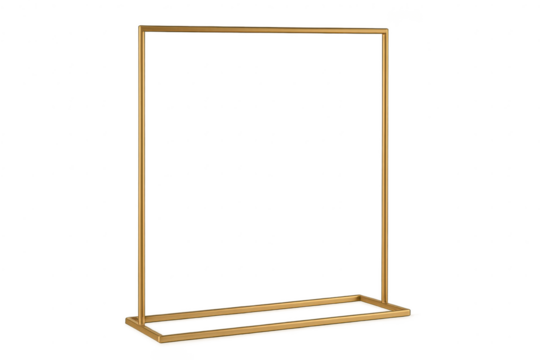 Stylish golden metal rectangular display frame isolated on transparent background