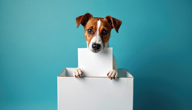 Cute dog holds blank white paper in mouth. Jack Russell terrier stands inside white box, appearing to submit ballot. Editorial photo represents election concepts, political choice, civic duty, active