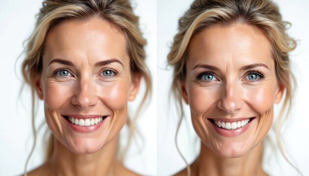 Middle age woman smiles showing face skin before and after cosmetic procedure. Wrinkles smoothed. Anti aging results for youthful appearance.