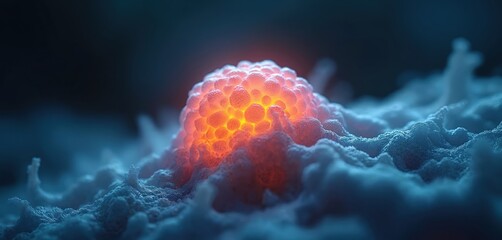 Glowing red tumor inside human body tissue. Cancerous cell growth in 3D render. Abnormal cells forming tumor mass. Medical illustration of disease, health issue. Research, diagnosis concept. Human