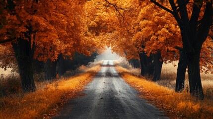 road surrounded by orange trees, autumn concept generative ai