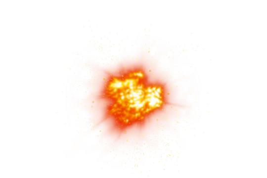 Dynamic fire explosion blast with glowing flame cloud and spark particles, isolated PNG element for cinematic visuals, gaming, and motion graphics