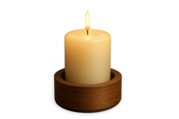 Lit cream pillar candle in a wooden holder, isolated on transparent background.