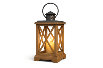 Rustic wooden lantern with a glowing candle isolated on transparent background