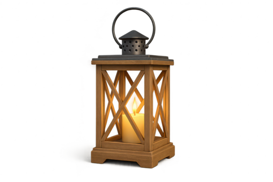 Rustic wooden lantern with a glowing candle isolated on transparent background
