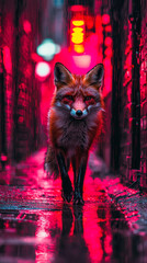 Obraz premium A sleek fox roams a rain-soaked, neon-lit alley, capturing a wild moment in the heart of the city