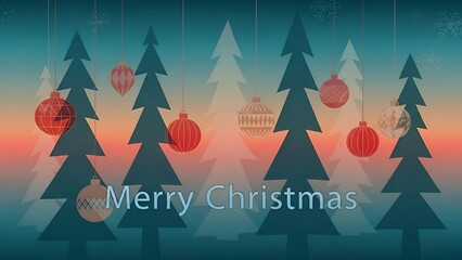 Festive Christmas Tree Silhouettes with Hanging Ornaments and Greeting in Soft Sunset Colors