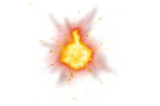 Powerful explosion flame burst with hot fireball and smoke plume, isolated on transparent PNG for dramatic effects, film scenes, and creative projects