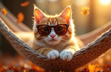 Ginger cat lounges in hammock wearing sunglasses on autumn leaves. Relaxed pet enjoys fall weather. Adorable feline rests outdoor. Relaxing tabby animal enjoys sunlight in cosy place. Cute animal