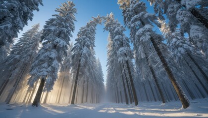 Snowy forest road with tall trees showing winter landscape and travel mood in Finland during cold season