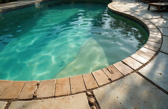Pool water visibly green, cloudy, filled with debris, leaves. Algae growth covers entire surface. Residential swimming pool urgently needs pro maintenance, deep cleaning, chemicals before summer