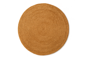 Round coiled natural jute rope placemat isolated on transparent background.